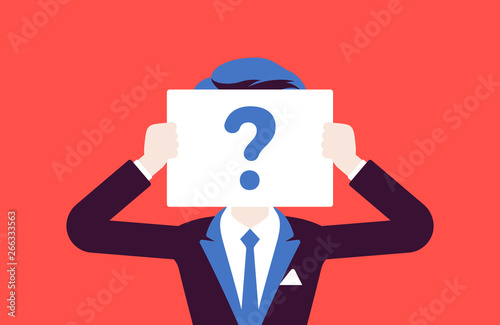 Anonymous man with question mark. Male person not identified by name, unknown user, incognito profile, business secrecy, obscurity, blind date partner. Vector illustration, faceless character