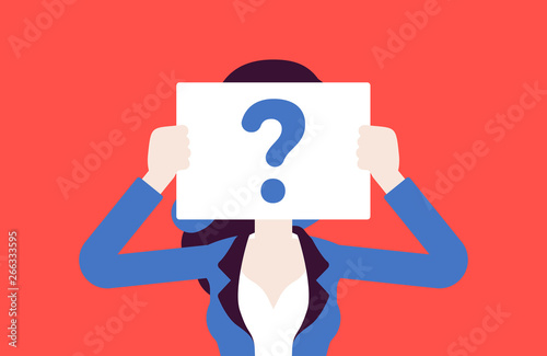 Anonymous woman with question mark. Female person not identified by name, unknown faceless user, incognito with concealed profile, business secrecy, obscurity, blind date partner. Vector illustration