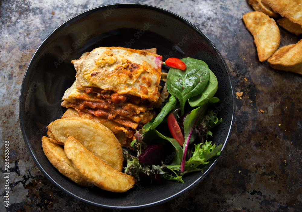 Italian Meat Lasagna and chips