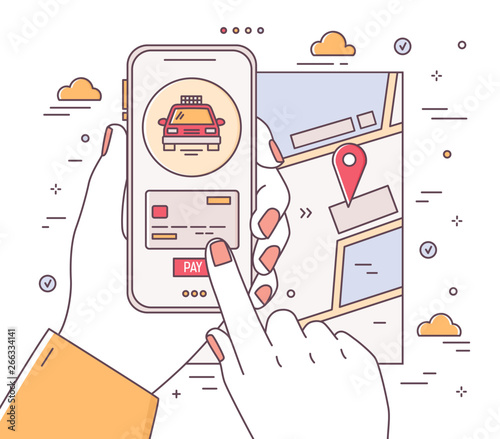 Square web banner template with hands holding phone and making payment, city map with location mark