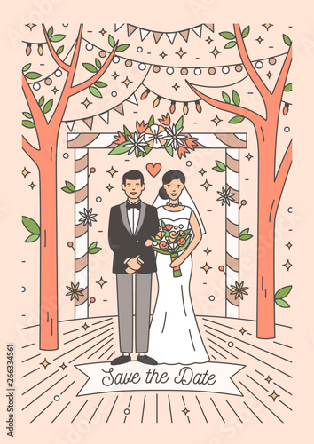 Save The Date card template with happy newlywed couple