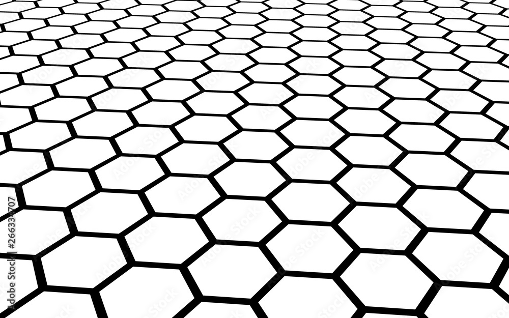 Black honeycomb on a white background. Perspective view on polygon look like honeycomb. Isometric geometry. 3D illustration