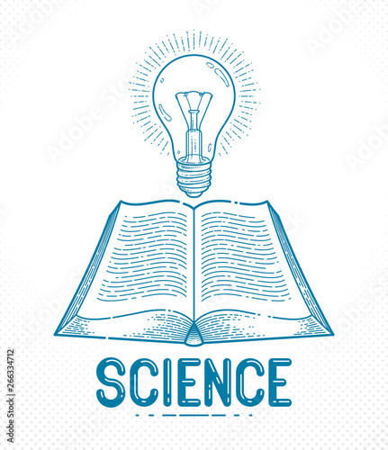 Vintage open book with idea light bulb vector graphic design element, science and education literature concept, logo or icon or emblem trendy linear style.