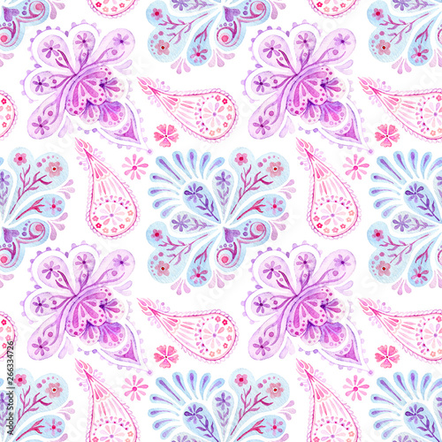 Hand drawn watercolor seamless pattern with paisley ornament