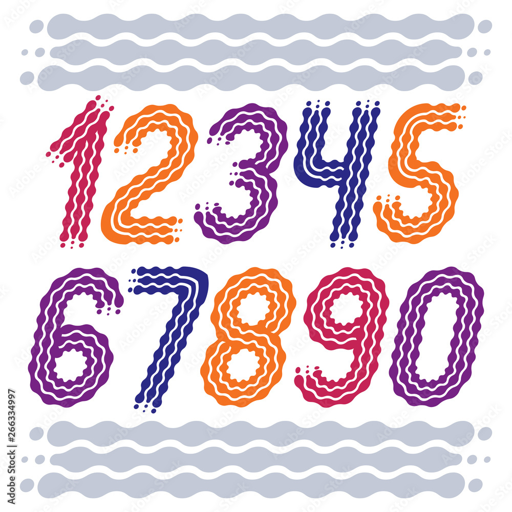 Vector trendy, cool numbers collection. Rounded bold italic numerals from 0 to 9 can be used in retro, disco, pop poster design. Made with flowing lines Vector trendy, cool numbers collection. Rounded bold italic numerals from 0 to 9 can be used in retro, disco, pop poster design. Made with flowing lines
