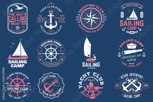 Sailing camp badge. Vector. Concept for shirt, print, stamp or tee. Vintage typography design with man in sailboats silhouette. Sailing on small boat. Ocean adventure. Classic water sport