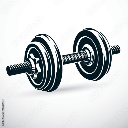 Dumbbell vector illustration isolated on white with disc weight. Sport equipment for power lifting and fitness training. photo