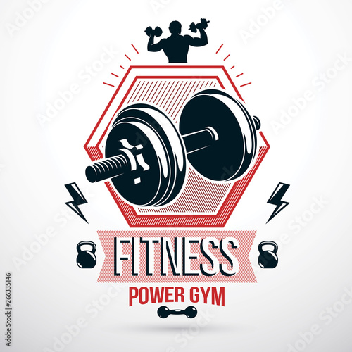 Vector sport equipment, dumbbell with disc weight and kettle bell. Bodybuilder vector symbol, champion concept