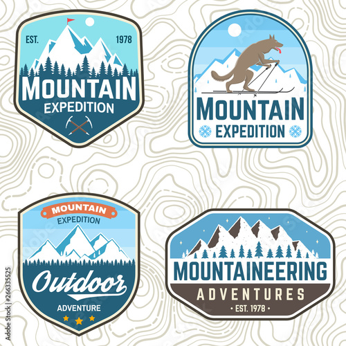 Set of mountain expedition patches. Vector. Concept for alpine club shirt or badge, print, stamp. Vintage typography design with mountaineers and mountain silhouette. Outdoors adventure emblems