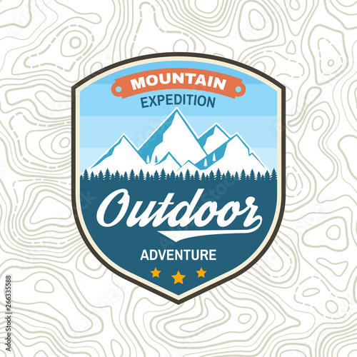 Mountain expedition patch. Vector. Concept for shirt or badge, print, stamp or tee. Vintage typography design with winter mountain silhouette.