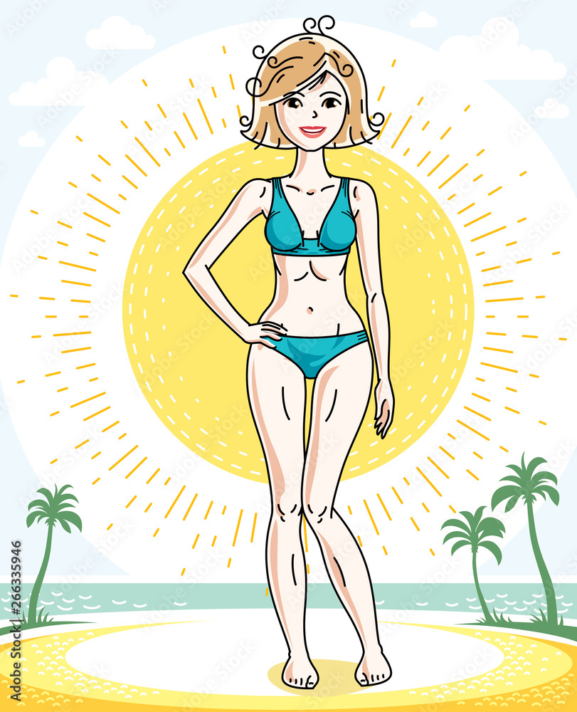 Happy pretty young blonde woman standing on tropical beach with palms and wearing swimming suit. Vector character.