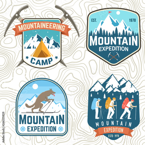 Set of mountain expedition patches. Vector. Concept for alpine club shirt or badge, print, stamp. Vintage typography design with mountaineers and mountain silhouette. Outdoors adventure emblems