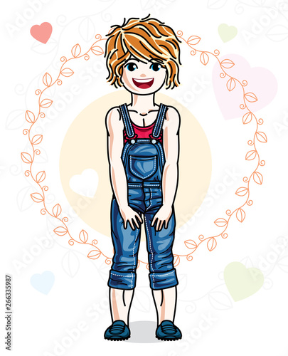 Beautiful little red-haired girl posing on colorful backdrop with romantic hearts. Vector kid illustration.
