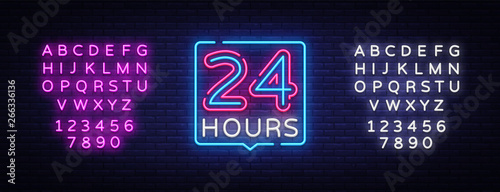 24 hours neon sign vector design template. 24 hours Open neon, light banner design element colorful modern design trend, night bright advertising, bright sign. Vector. Editing text neon sign