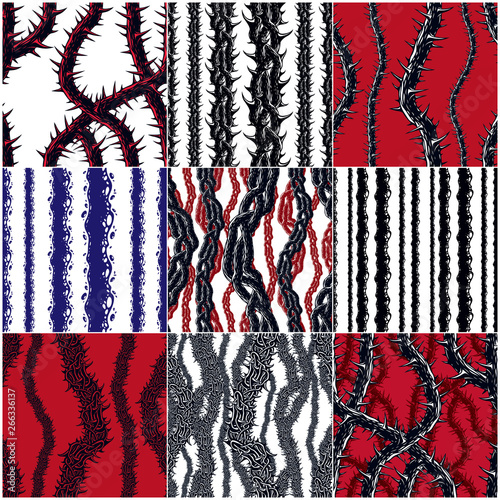 Horror art style horrible seamless patterns set, vector backgrounds collection. 