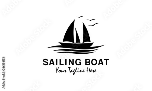 Sailing boat with ocean wave vector illustration. Retro logo design