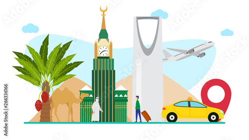 travel to saudi arabia creative illustration vector of graphic , small people traveling in arab illustration vector , saudi arabia traveling vector , arab concept vector flat illustration