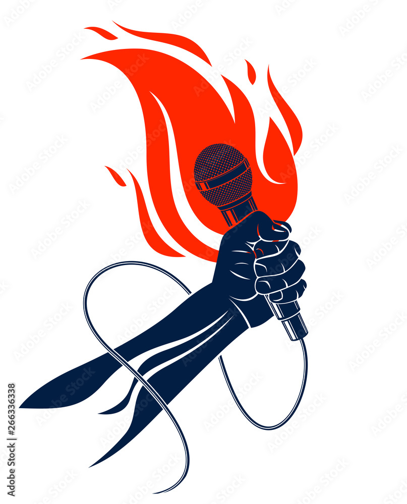 Microphone in hand on fire, hot mic in flames live show, rap battle rhymes  music, concert festival or night club label, karaoke singing or standup  comedy, vector logo, t-shirt print. Stock-vektor