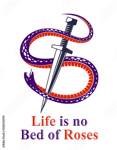 Dagger kills a Snake, defeated Serpent wraps around a sword vector vintage tattoo, Life is a Fight concept, allegorical logo or emblem of ancient symbol.
