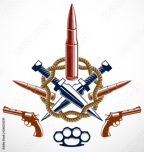 Bullets and guns vector emblem of Revolution and War, logo or tattoo with lots of different design elements, anarchy and chaos concept, criminal and gangster style, social tension theme.