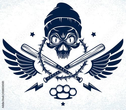 Gangster emblem logo or tattoo with aggressive skull baseball bats and other weapons and design elements, vector, criminal ghetto vintage style, gangster anarchy or mafia theme.