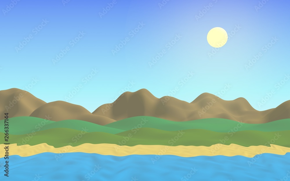 Sun Sea Beach. Noon. Ocean shore line with waves on a beach. Island beach paradise with waves. Vacation, summer, relaxation. Seascape, seashore. Minimalist landscape, primitivism. 3D illustration