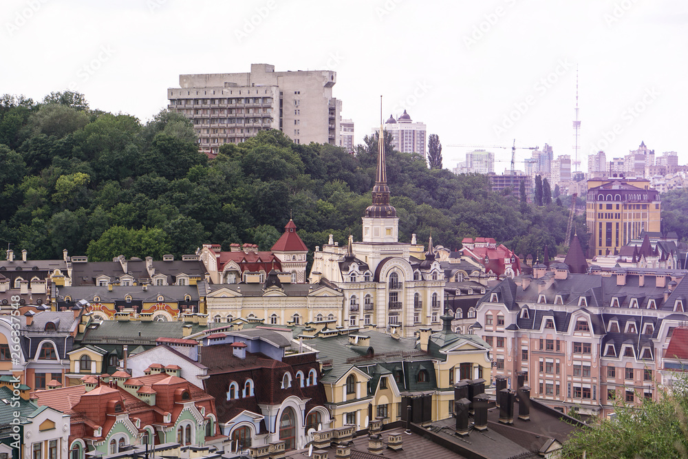 Beautiful multi-colored buildings below. City hero Kiev. European architecture. Stock photo