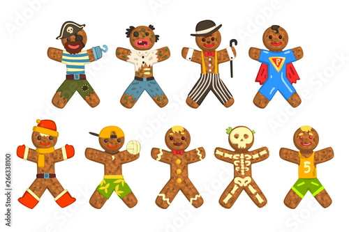 Gingerbread men wearing different costumes set, funny Christmas characters ector Illustration on a white background