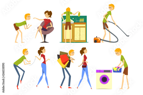 Henpecked man set, husband dominated by wife, househusband doing household cartoon vector Illustrations on a white background