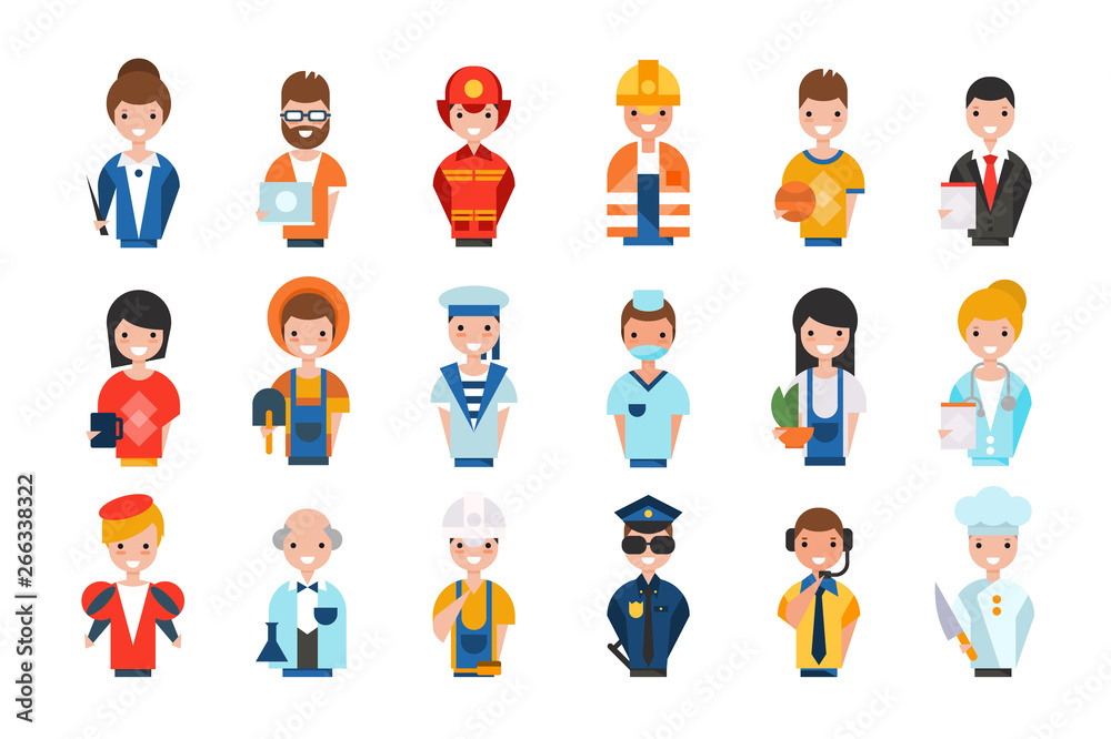People of different professions set, working people avatars, teacher, system administrator, fireman, farmer, scientist, actor, builder vector Illustrations