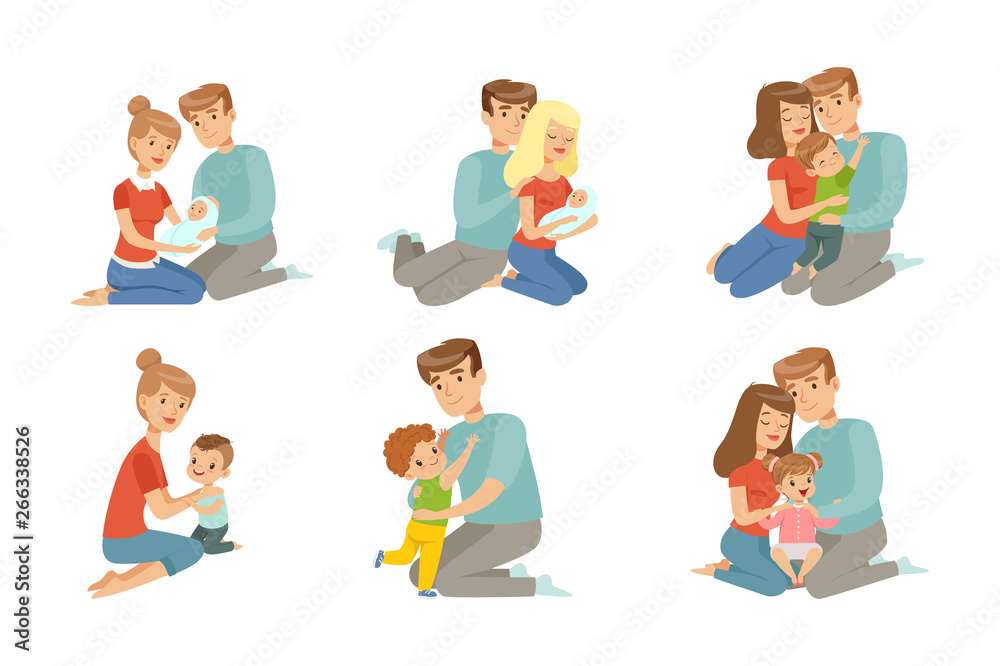 Happy parents embracing their kids set, mother and father hugging their children, happy family concept vector Illustration on a white background Happy parents embracing their kids set, mother and father hugging their children, happy family concept vector Illustration on a white background