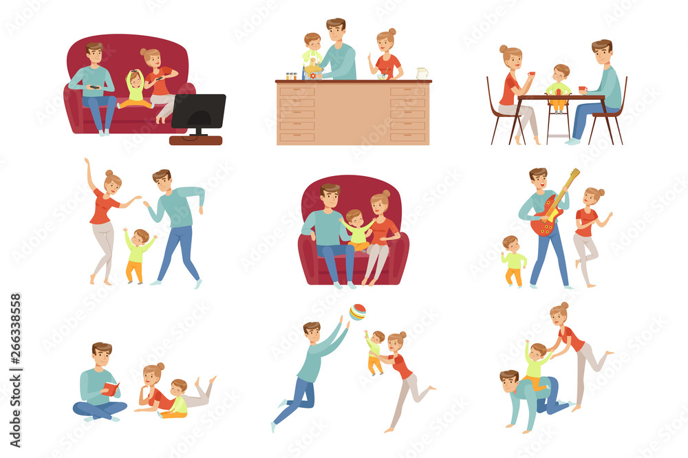 Mom, dad and their little son spending time together set, happy family and parenting concept vector Illustration on a white background