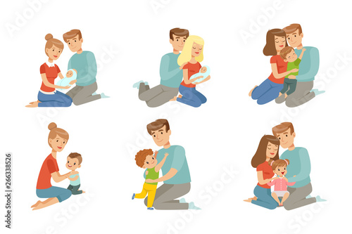 Happy parents embracing their kids set, mother and father hugging their children, happy family concept vector Illustration on a white background