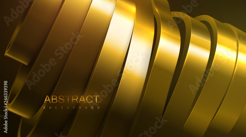 Sliced wavy surface. Vector futuristic illustration. Abstract background with golden metallic shapes. 3d relief with curved ribbons. Decoration element. Modern cover design