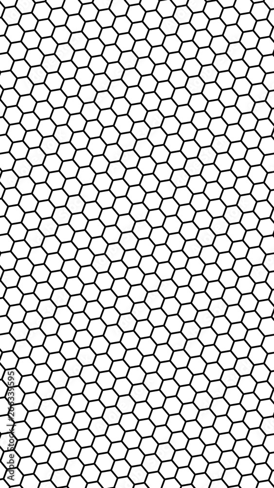 Black honeycomb on a white background. Perspective view on polygon look like honeycomb. Isometric geometry. Vertical image orientation. 3D illustration