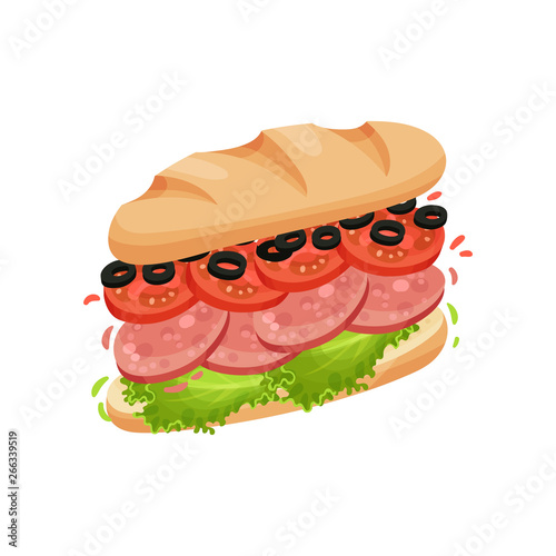 Big sandwich made from halves of long loaf with salami. Vector illustration on white background.
