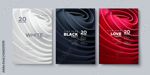 Electronic music festival. Modern posters design. White party invitation. Black party banner. Abstract background with rolled cloth shapes. Vector illustration. Club promotion sign template.
