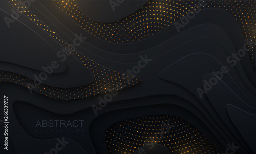Black paper cut background. Abstract realistic papercut decoration with wavy layers and golden glitters. 3d topography relief. Vector topographic illustration. Cover layout template.