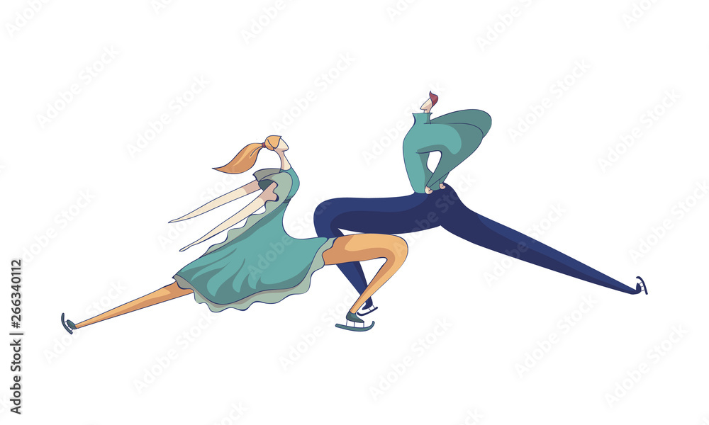 Fototapeta premium Pair of skaters in blue suits performs the element cowering. Vector illustration on white background.