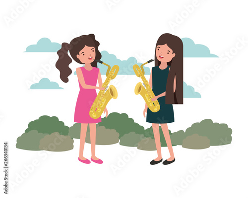 women with musical instruments in landscape