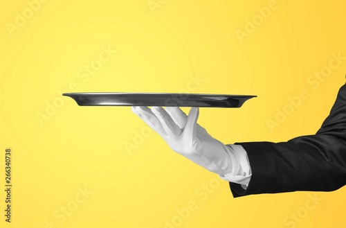 Elegant waiter hand in white glove holding an empty plate