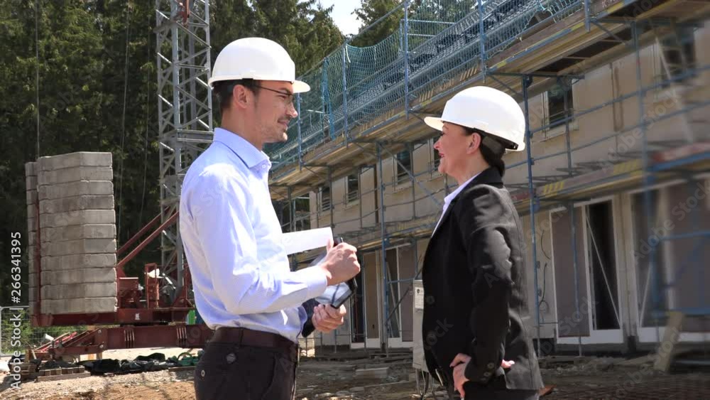 Two architects a man and a woman in construction in white helmets Two architects a man and a woman in construction in white helmets