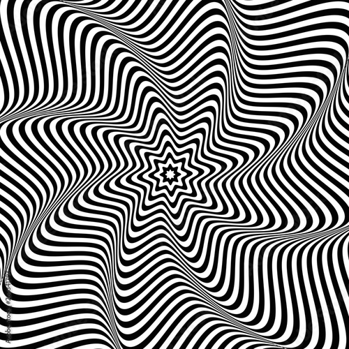Patrón hipnótico abstracto de líneas blancas y negras. Ilusión óptica. Ilustración de arte óptico sobre fondo blanco. © Natalia