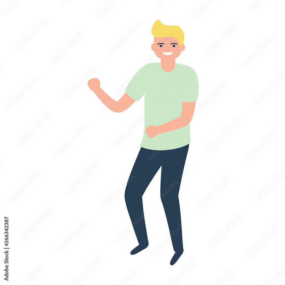 Young man dancing to party music. Stylish human at festival event, outdoor concert or club dance floor. Vector illustration Young man dancing to party music. Stylish human at festival event, outdoor concert or club dance floor. Vector illustration