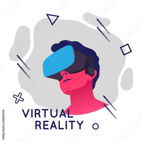 Vector illustration of man wearing virtual reality headset. Abstract VR modern illustration with geometric elements in flat style