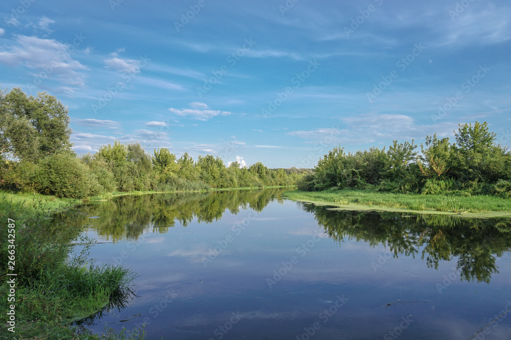 Beautiful summer landscape with pretty river and colorful trees. View of the sky with beautiful clouds. Stock photo