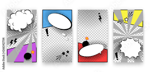 Vector trendy editable set of templates for social media networks stories. Modern design backgrounds for flyers, cards, posters. Trendy comics pop art style
