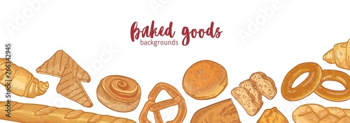 Banner template with various types of breads, delicious natural baked goods o...