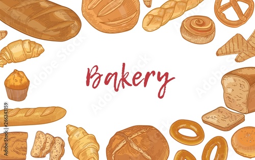 Web banner template with frame made of various types of breads and sweet homemade baked products and place for text