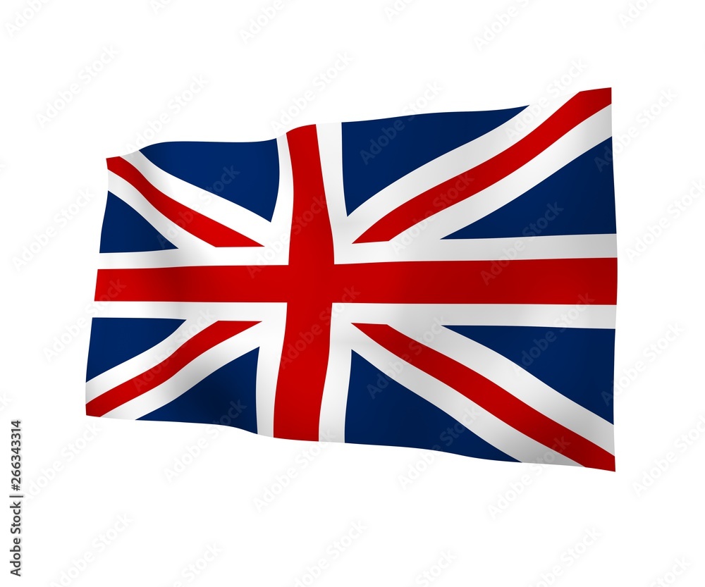 Waving flag of the Great Britain. British flag. United Kingdom of Great Britain and Northern Ireland. State symbol of the UK. 3D illustration Waving flag of the Great Britain. British flag. United Kingdom of Great Britain and Northern Ireland. State symbol of the UK. 3D illustration